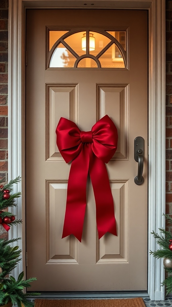 A front door decorated with a large red bow and greenery, creating a festive winter look.