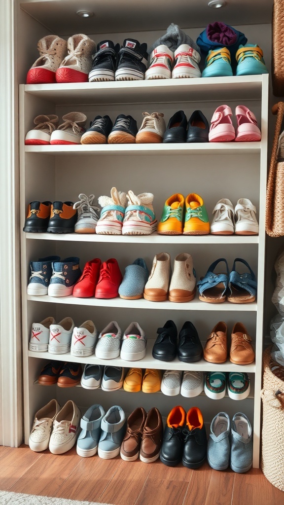 A neatly organized shoe shelf with various styles and sizes of kids' shoes.