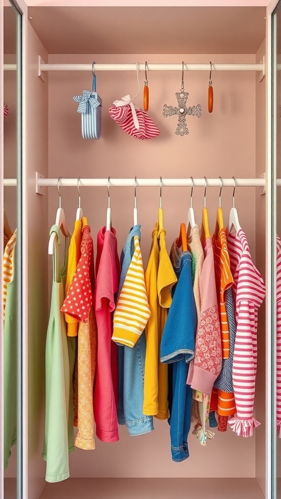 A colorful children's wardrobe with neatly hung shirts on fun hangers.