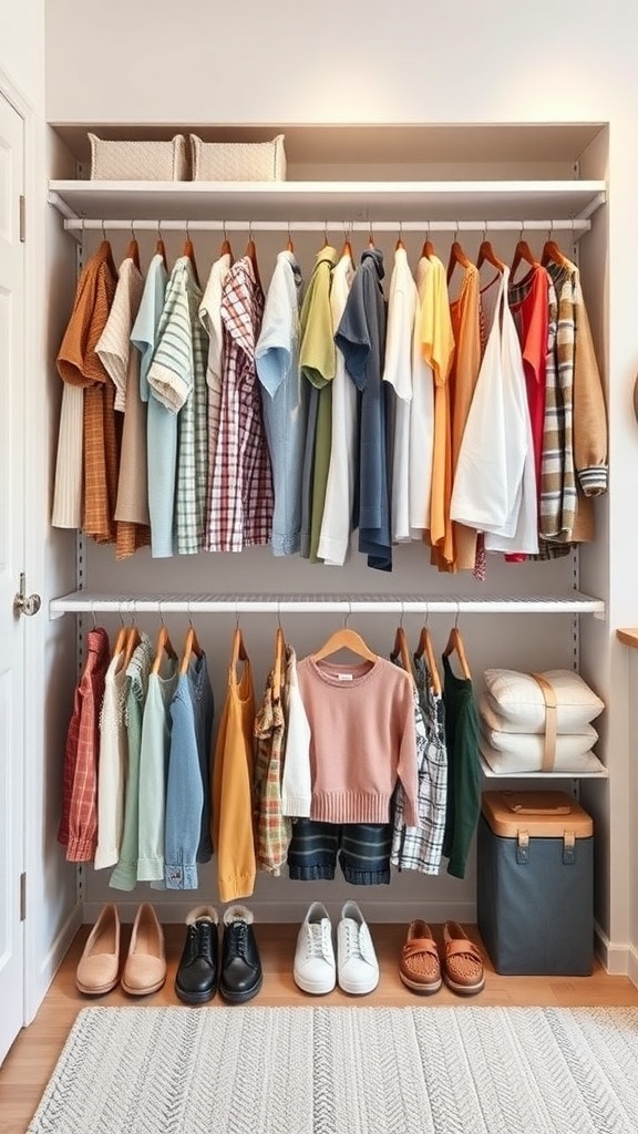 Organized kids wardrobe with colorful clothes and shoes