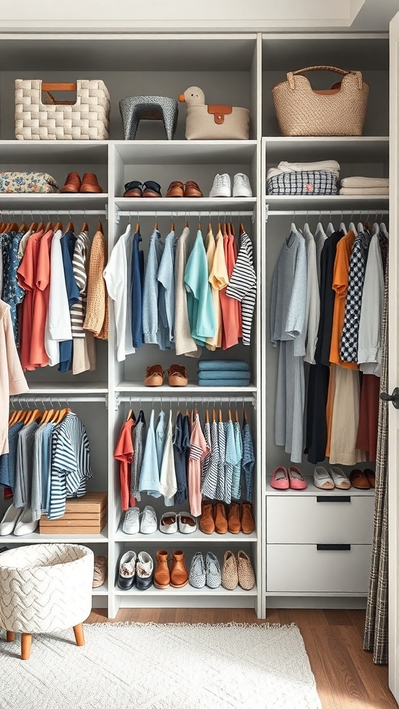 Organized kids wardrobe with vertical shelving, featuring clothes, shoes, and storage baskets.
