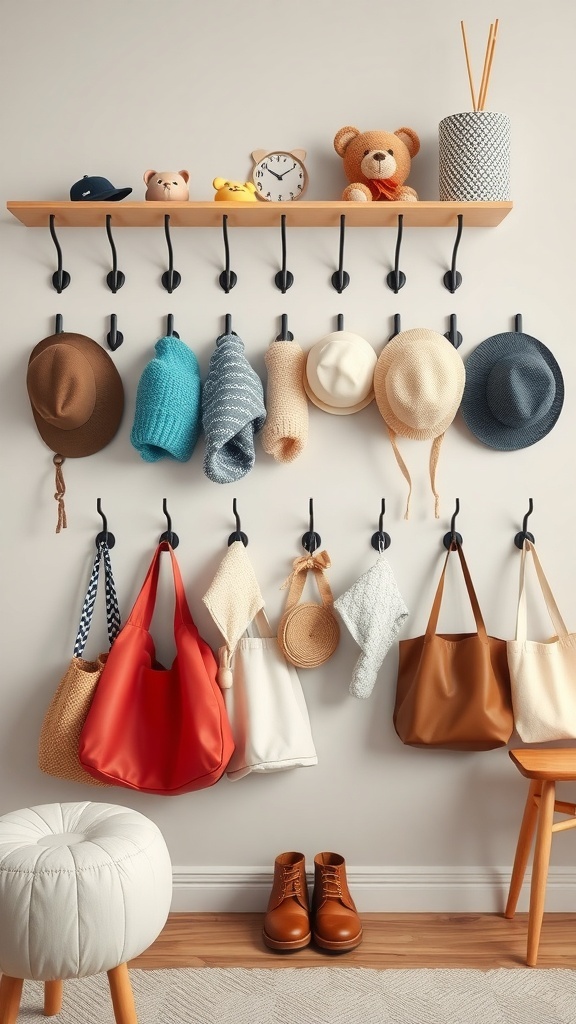 A well-organized kids' wardrobe with hooks displaying hats, bags, and accessories.