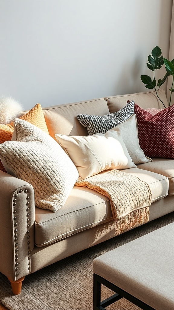 A cozy sofa with a variety of textured throw pillows in different colors and patterns.