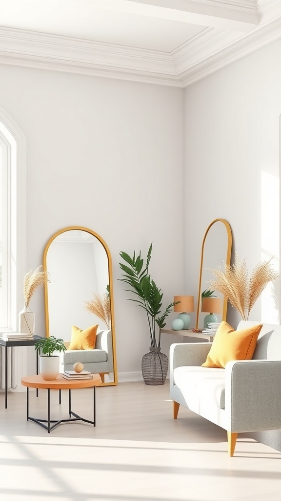 A bright and airy room featuring two tall mirrors, a cozy sofa with orange cushions, a coffee table, and indoor plants.