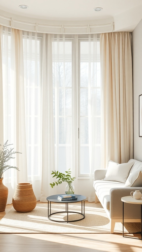 A cozy living room with soft, light curtains, a comfortable sofa, and natural decor elements.