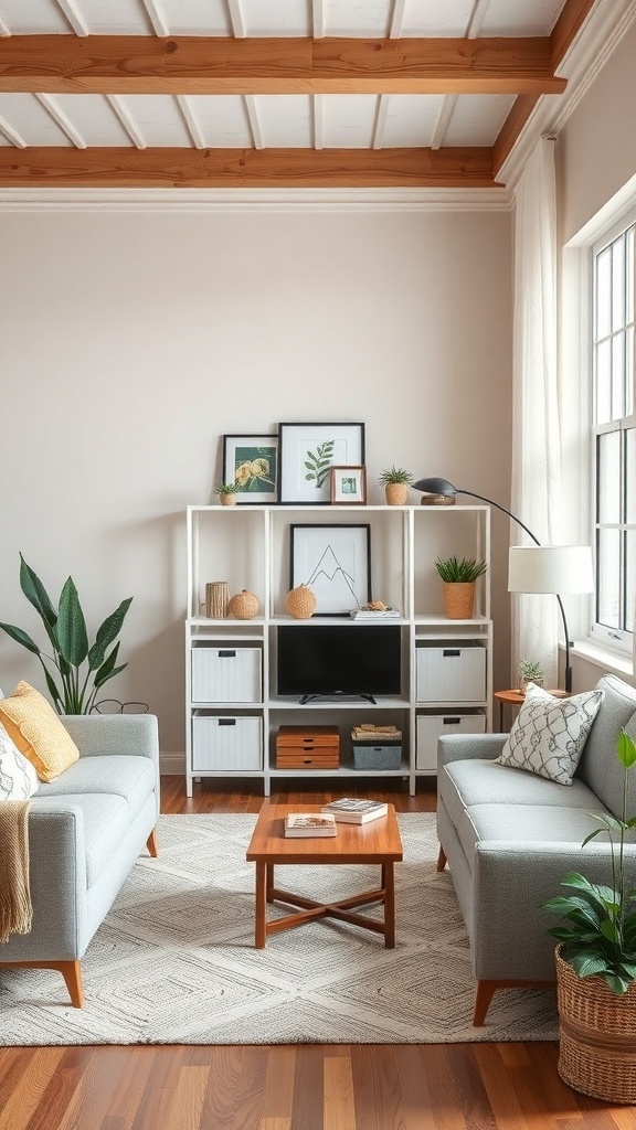 A cozy living room featuring gray sofas, a wooden coffee table, and a stylish shelving unit with plants and decorative items.