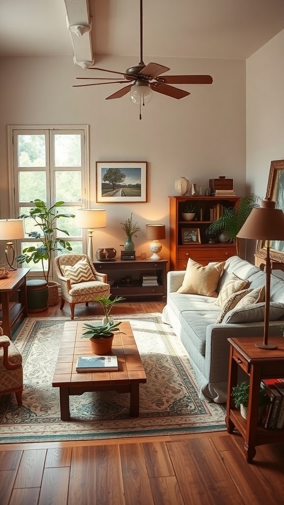 A cozy living room with repurposed furniture, featuring a gray sofa, wooden coffee table, and patterned chairs.
