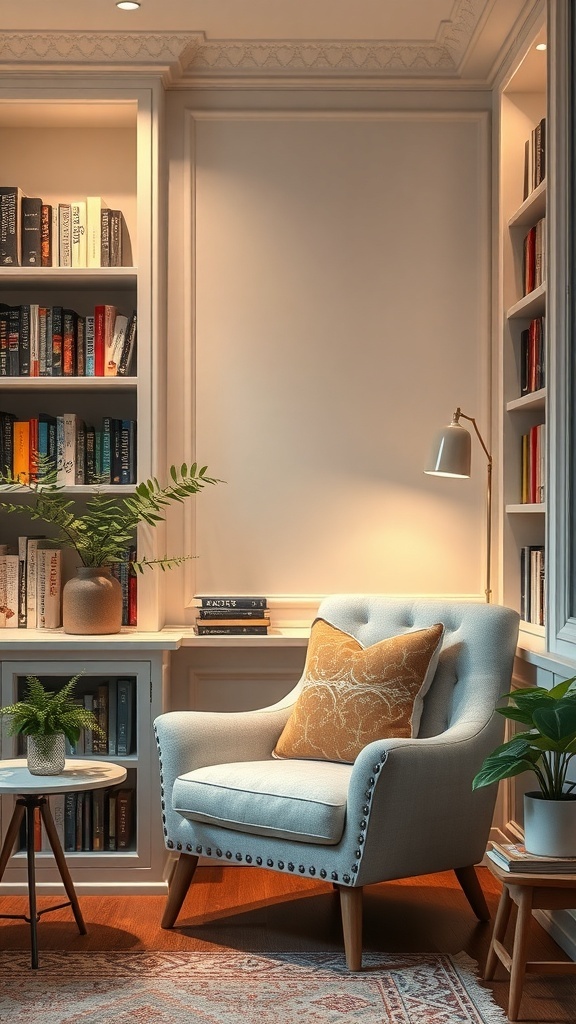 Cozy reading nook with an armchair, bookshelf, and plants