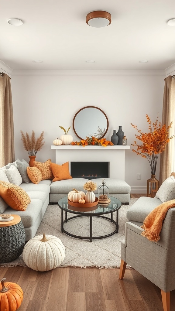 Cozy living room decorated for fall with pumpkins and warm tones.