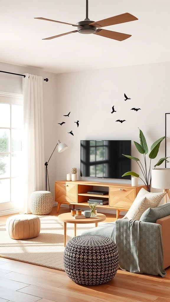 A cozy living room featuring wall decals of bats, a wooden TV stand, and soft furnishings.