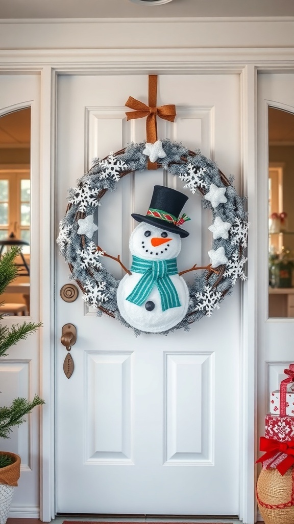 A winter wreath featuring a felt snowman with a top hat and scarf, surrounded by snowflakes and stars, hanging on a door.