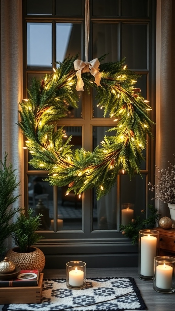 A winter wreath made of greenery with twinkling lights, hanging in a window.