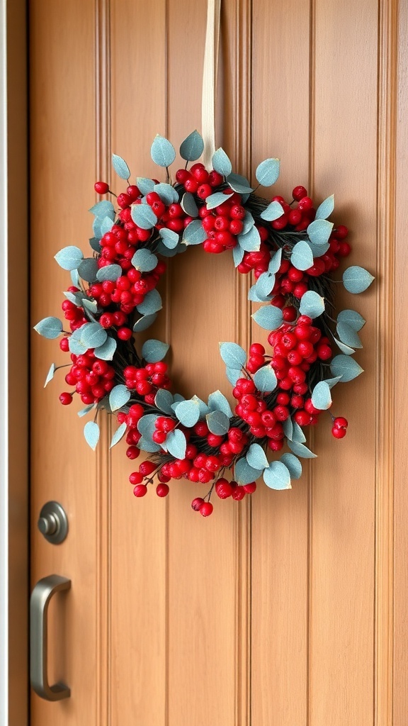 A winter wreath made of red berries and eucalyptus leaves hanging on a wooden door.