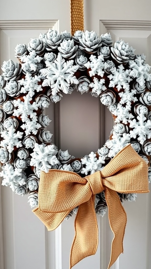A frosted pinecone wreath decorated with snowflakes and a golden bow, hanging on a door.