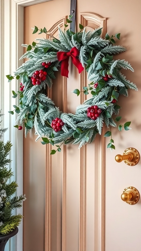 A beautiful wreath made of ivy and frosted berries, featuring a red bow, hanging on a door.
