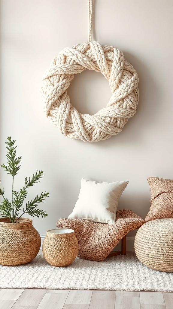 A cozy knitted yarn wreath hanging on a wall, surrounded by natural decor elements.