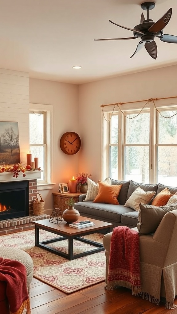 Cozy living room with warm color palette, featuring a gray sofa, orange pillows, and a fireplace.