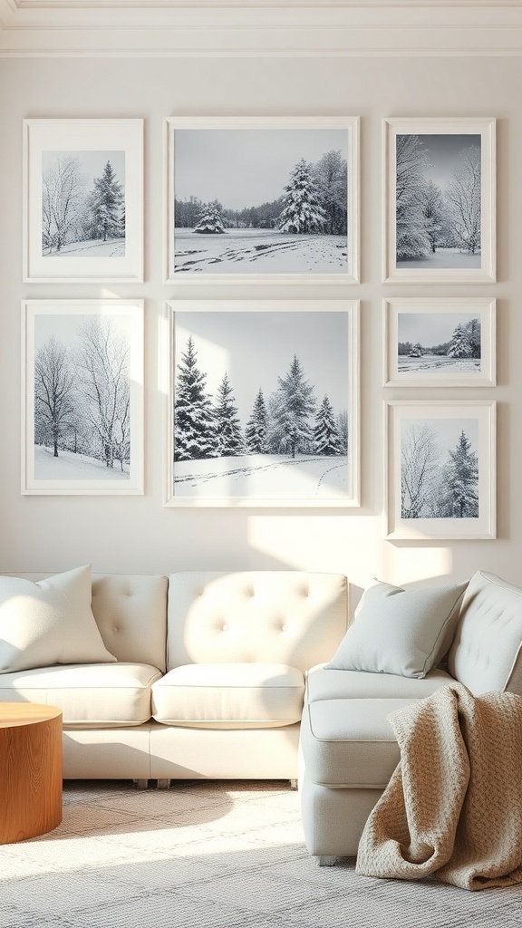 Cozy living room with winter-themed wall art and neutral furniture
