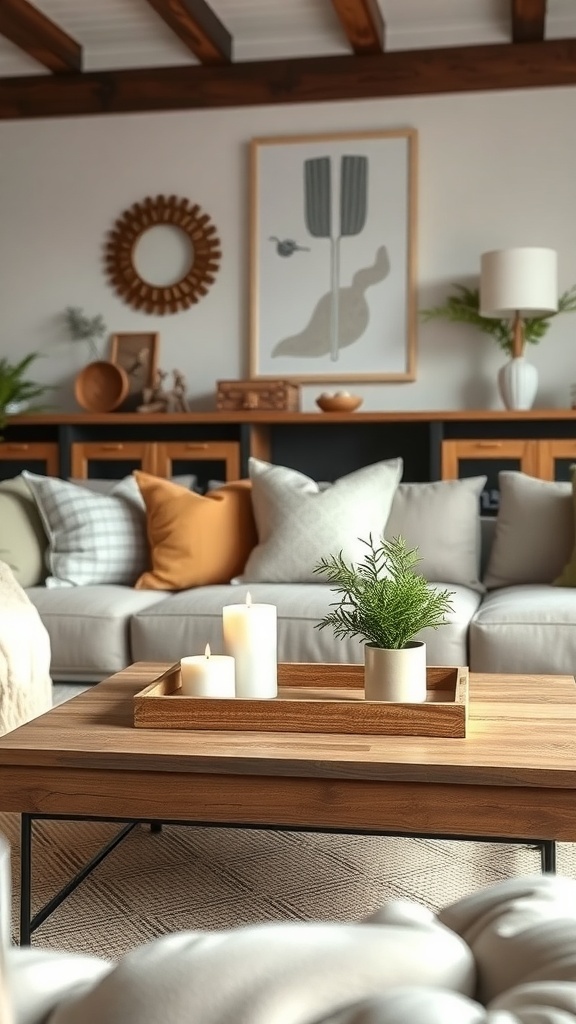 A cozy living room with a rustic coffee table decorated with candles and a plant, surrounded by a comfortable sofa and farmhouse-style decor.