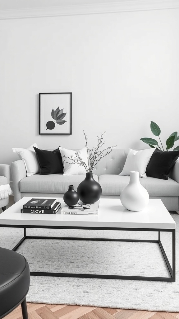 A stylish living room with a monochrome coffee table decor featuring black and white vases, books, and a modern couch.