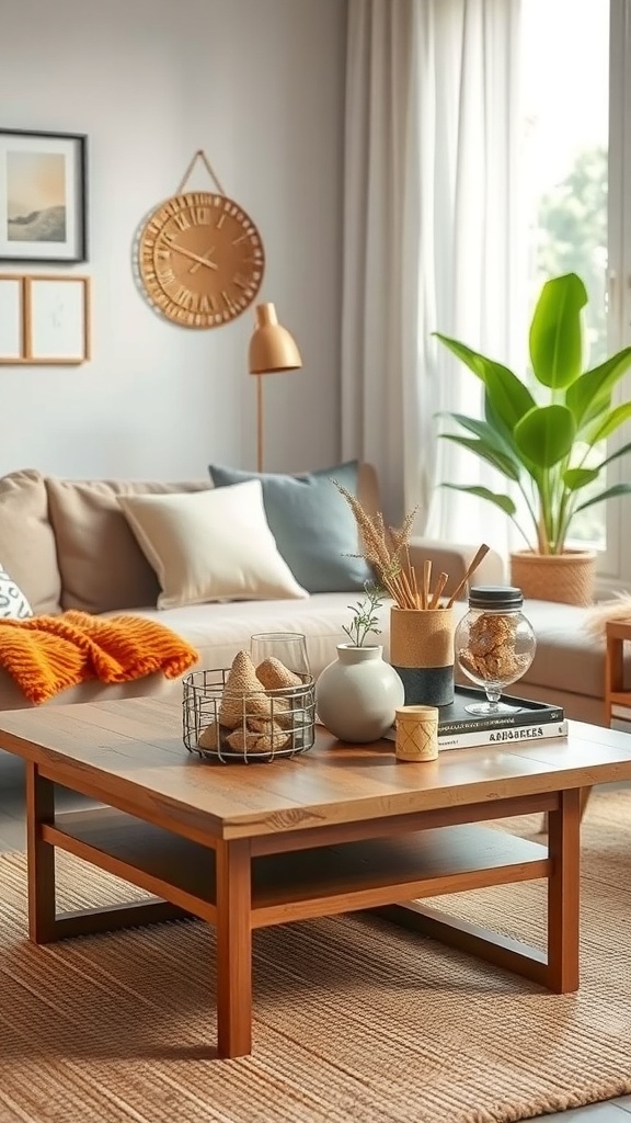 A cozy living room with a wooden coffee table decorated with natural elements and plants.