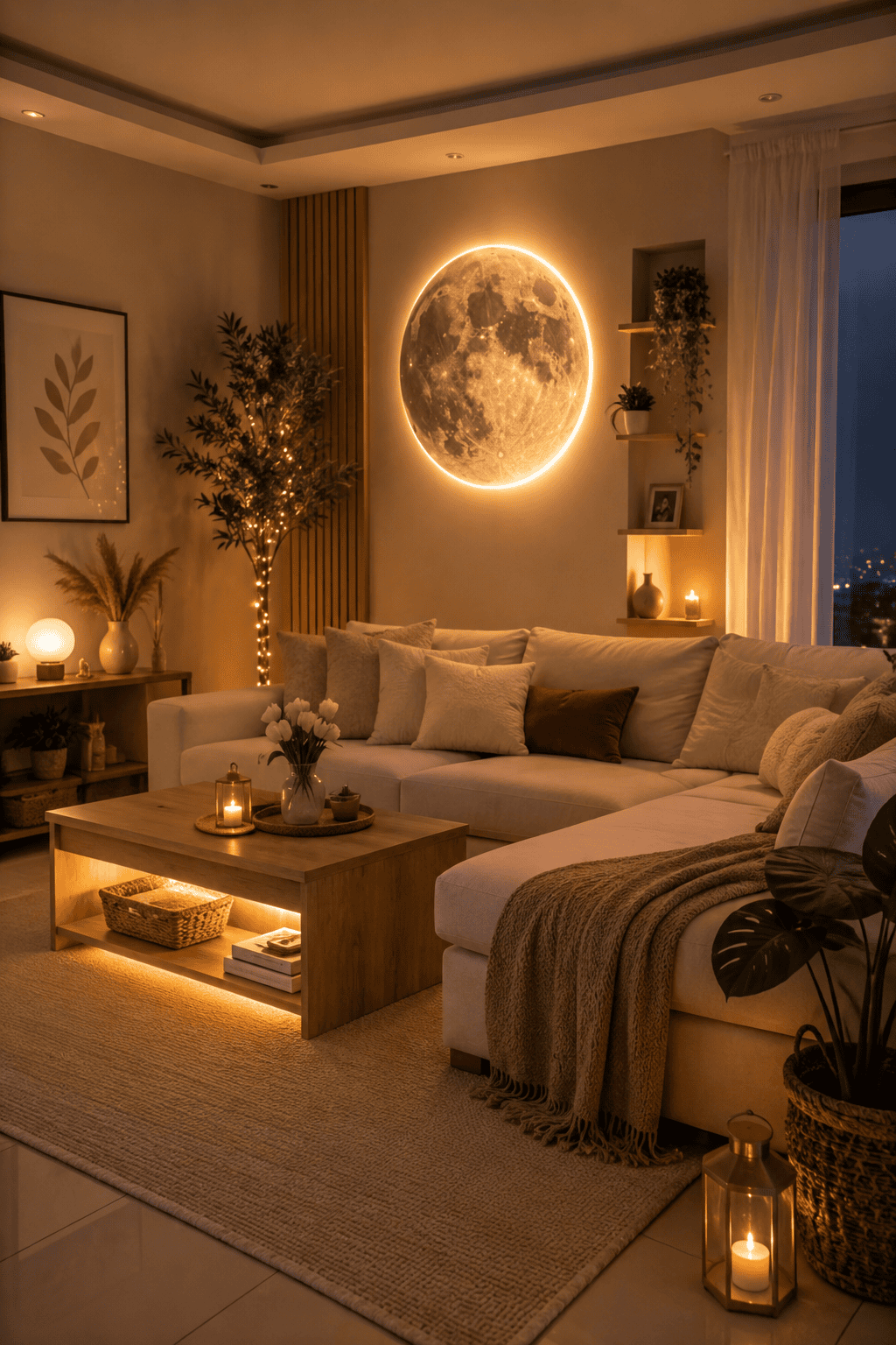 An evening living room with soft, warm lighting. A large, circular moon-shaped light fixture hangs on the wall above a…