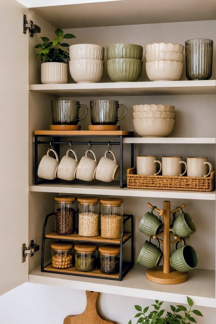 Kitchen cabinet interior with various ceramic bowls, glass mugs, and clear glass jars on shelves.