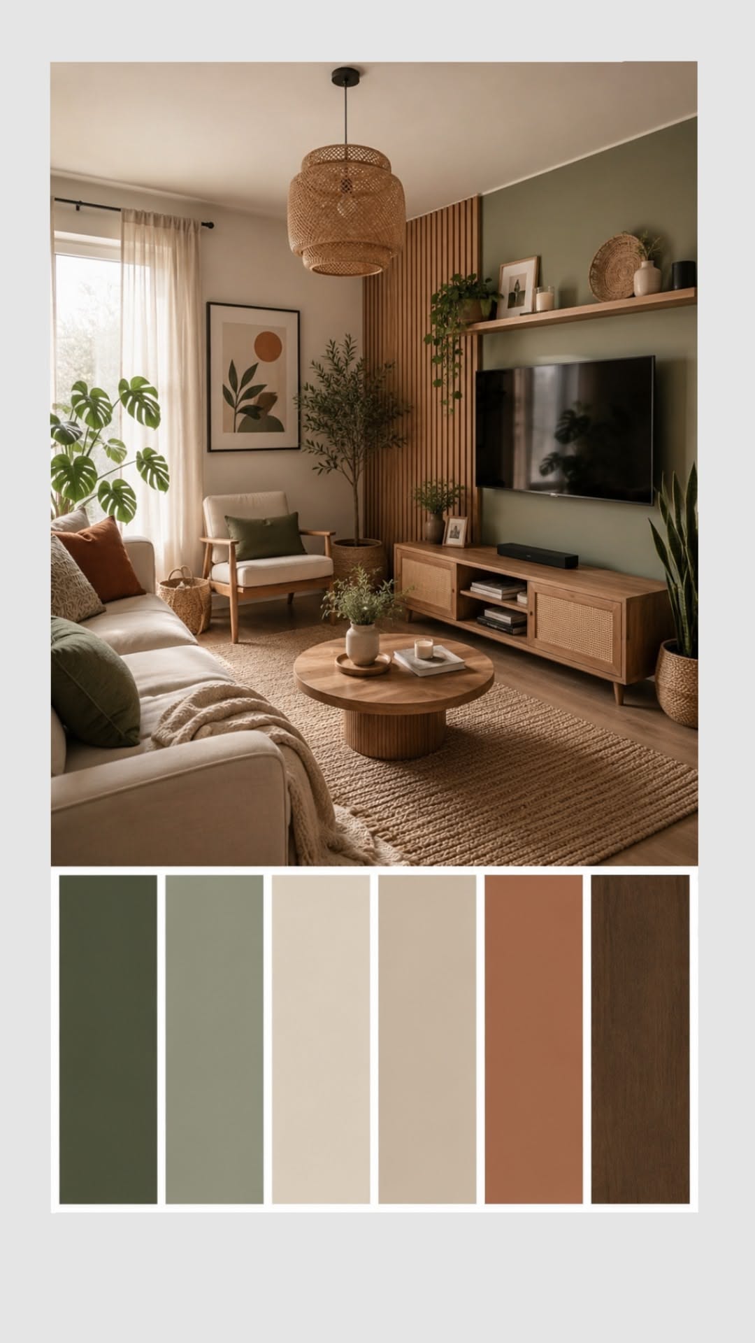 A living room with an olive green accent wall, light beige sofa, and natural wood furniture.