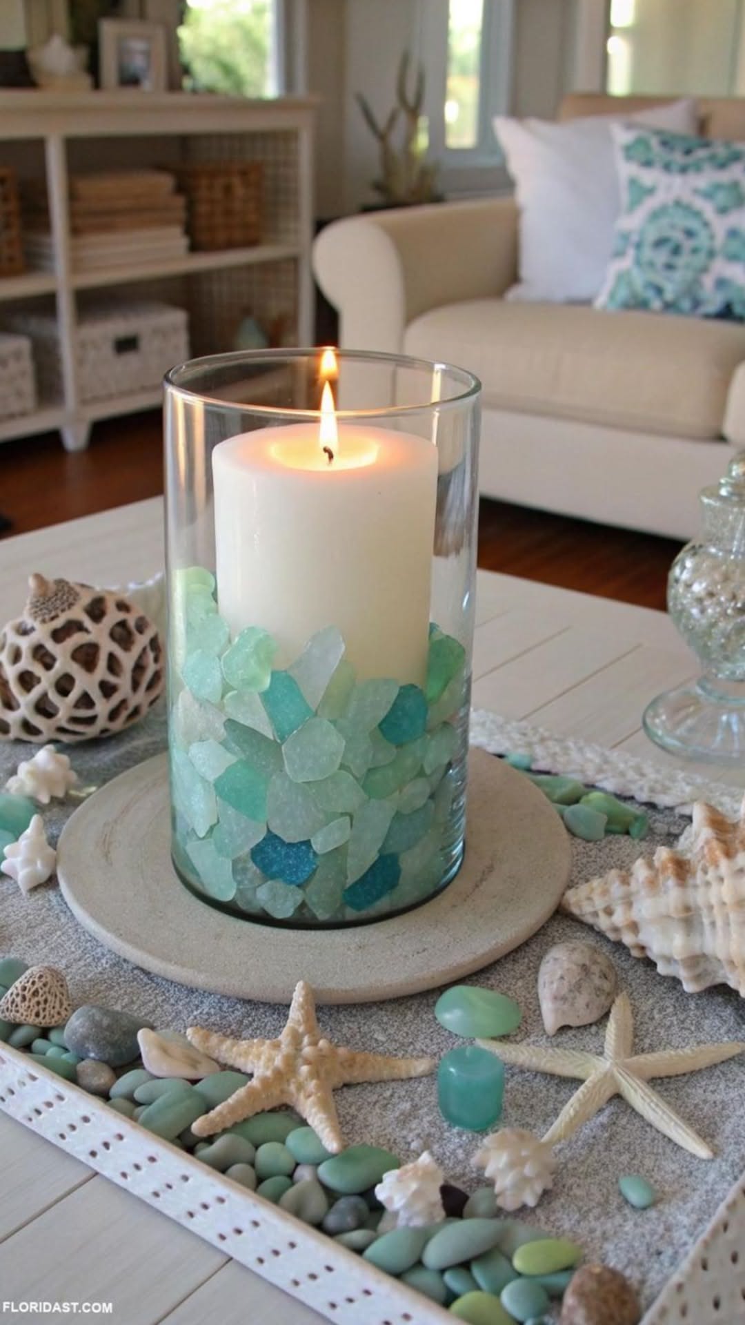 A lit pillar candle in a clear glass hurricane filled with sea glass, surrounded by starfish and shells