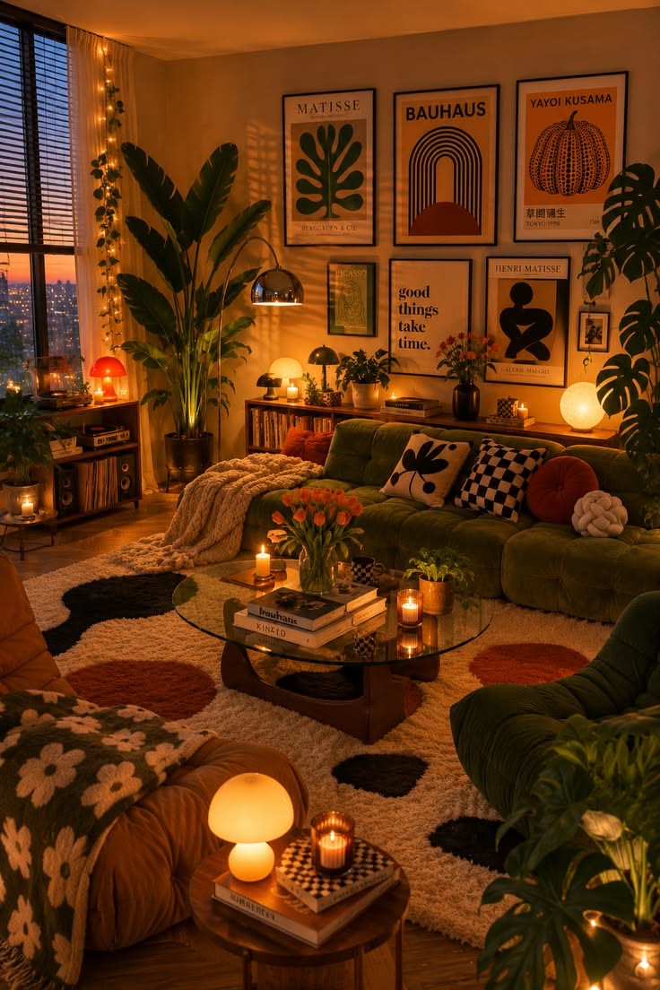 Living room at dusk with a large green sectional sofa, several floor and table lamps, and wall art.