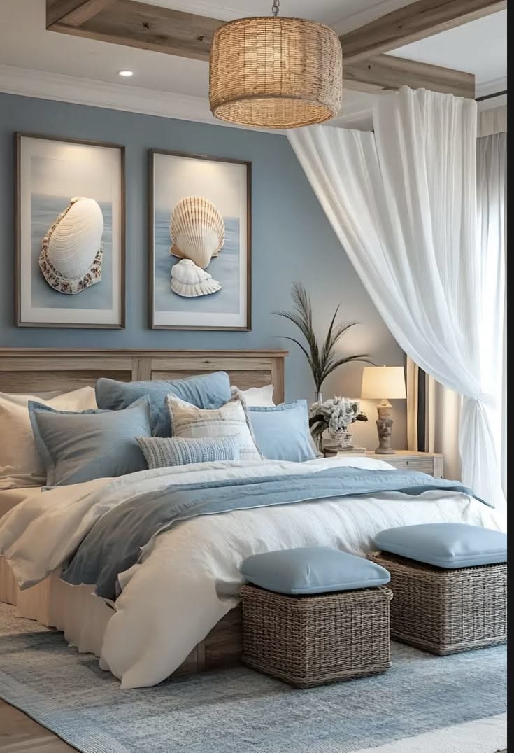 Bedroom with soft blue walls, a wooden bed, white and blue bedding, and two framed seashell artworks above the headboard.