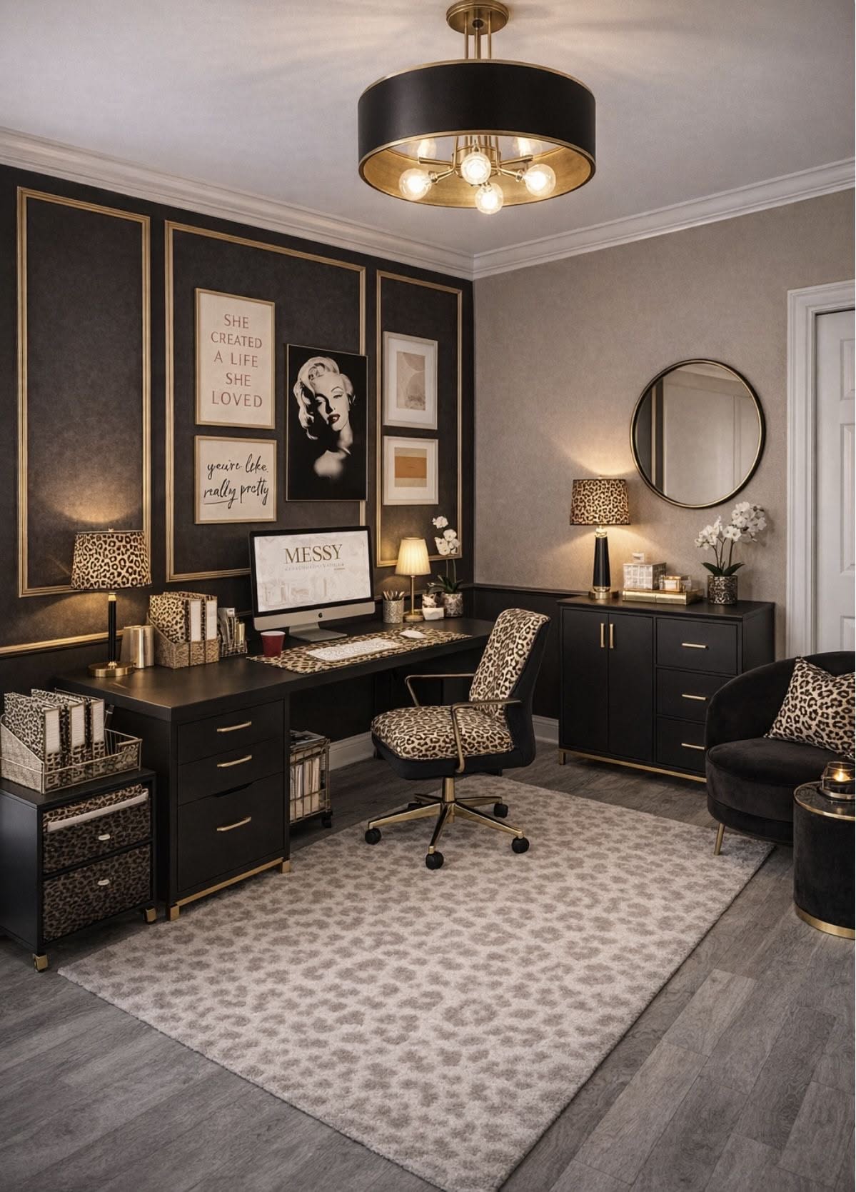 Home office with dark furniture, gold trim, and leopard print on the office chair, lamps, and storage boxes.