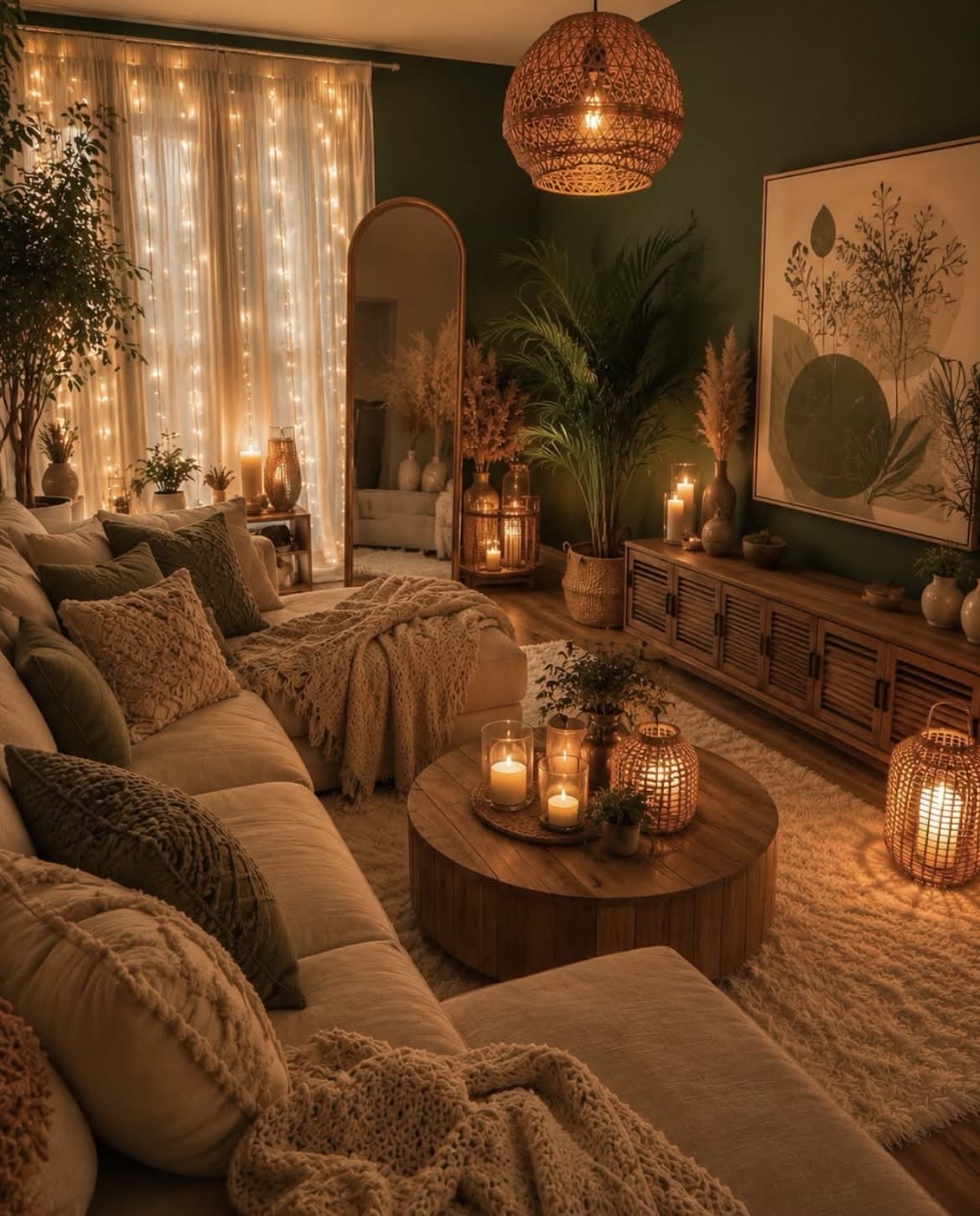 A living room at night with dark green walls, a light-colored sectional sofa, and many warm lights creating a cozy ambiance.