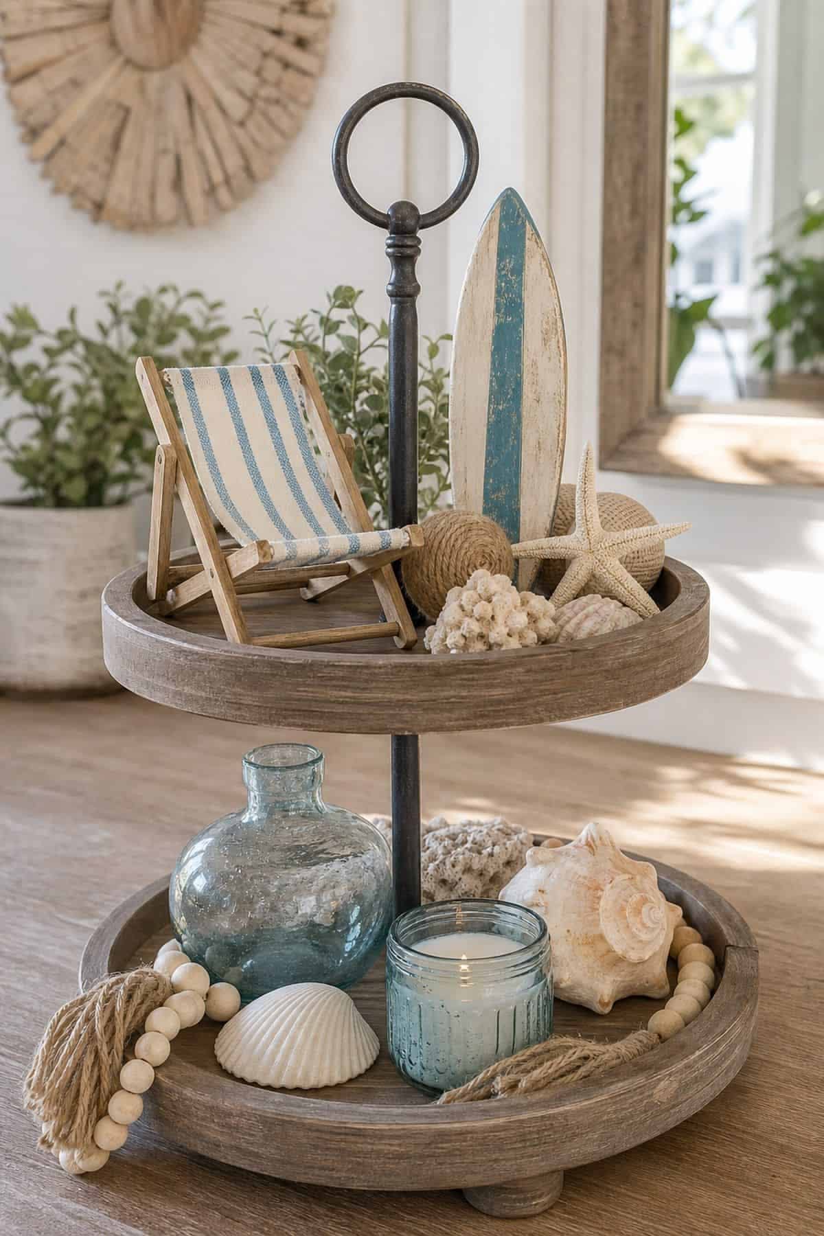 A two-tiered wooden tray holds various coastal decor items including a miniature striped beach chair, a small surfboard, a…