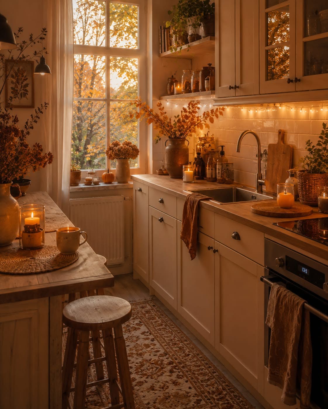A warm, autumn-themed kitchen with string lights under upper cabinets and various candles on the counter and island.