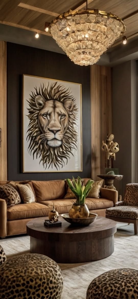 A living room with a large lion portrait, a brown sofa, and animal print ottomans.