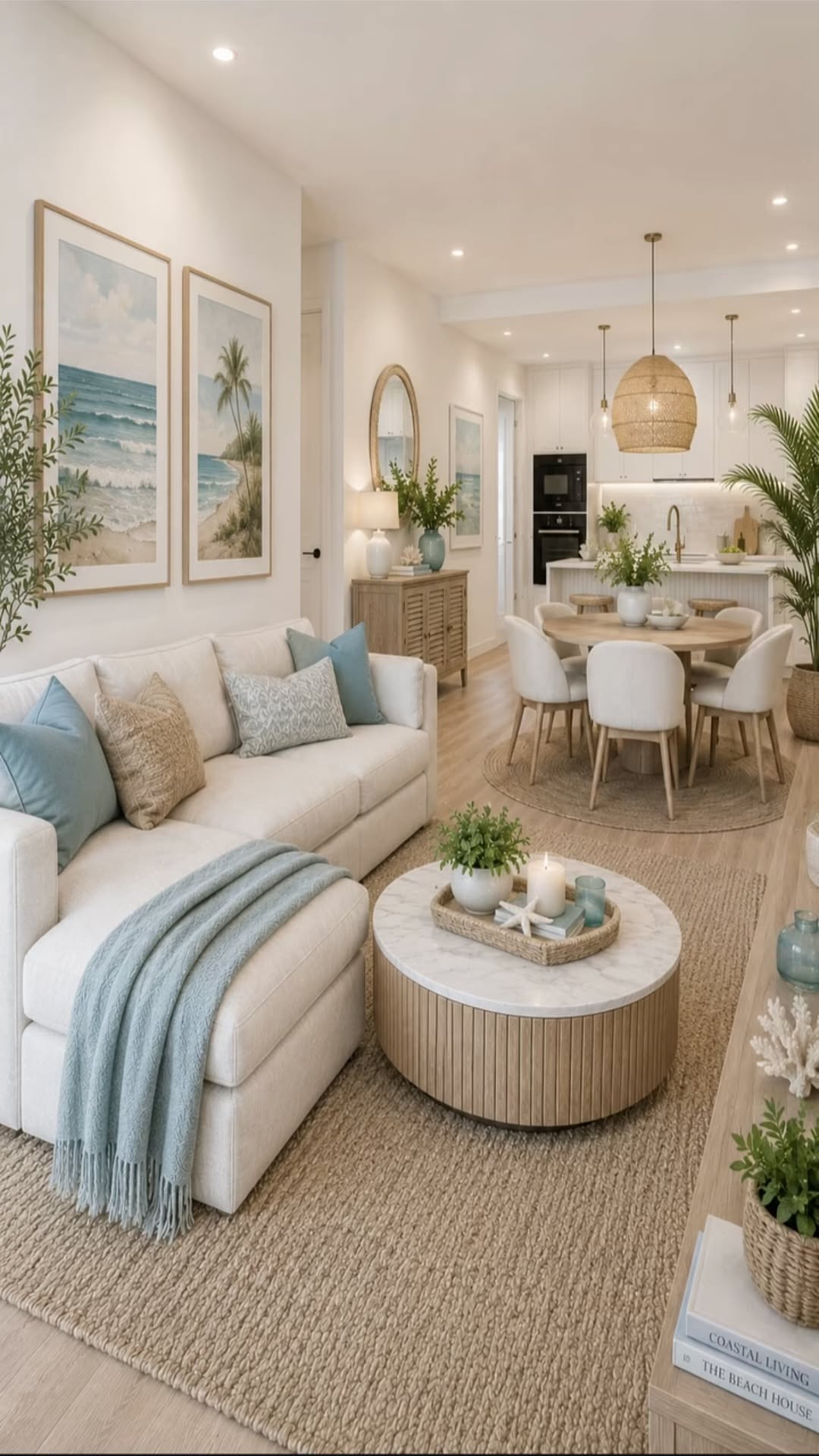 Living room and dining area with woven rug, light couch with blue and tan pillows, and round wooden coffee table.