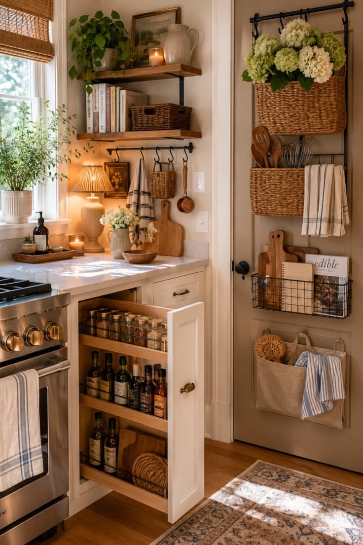 A kitchen cabinet with a pull-out shelving unit for spices and bottles, next to a stainless steel stove.