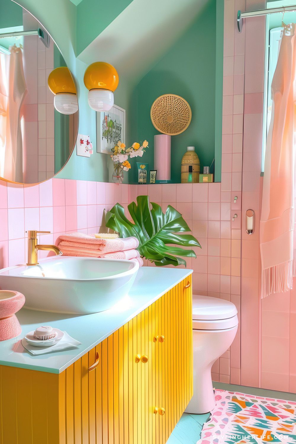 Bathroom with pink tiled walls, a vanity with a white vessel sink on a light blue countertop, and a yellow slatted cabinet…