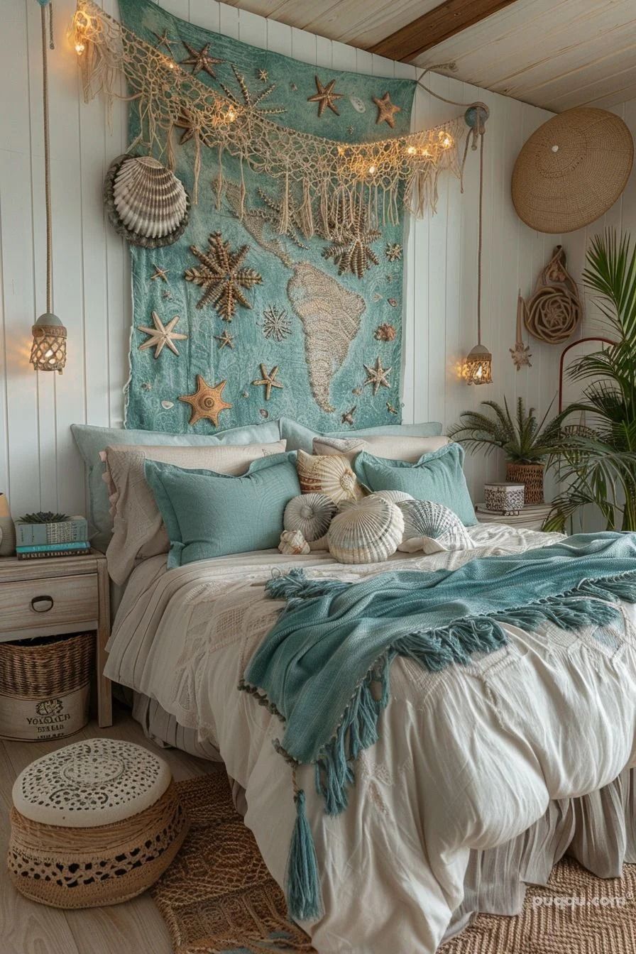 Bedroom with sea-themed decor, including a tapestry with a map and starfishes, shell pillows, and rope lighting.