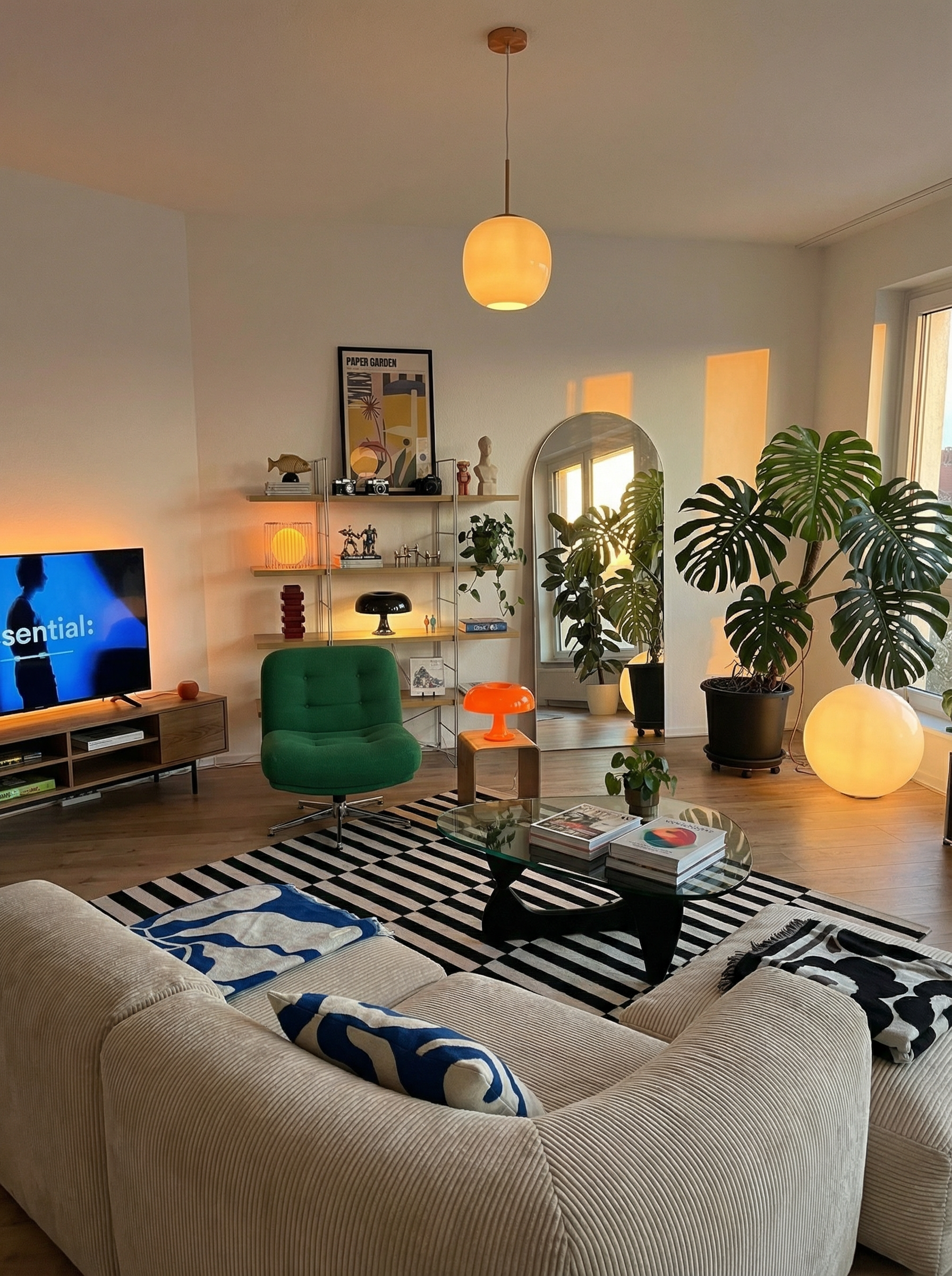 An inviting living room features a ribbed beige sofa with blue patterned cushions, a striped black and white rug, and leafy…
