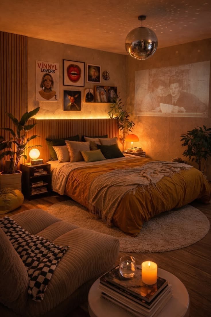 Bedroom with warm lighting, a disco ball, a large bed with yellow bedding, and a gallery wall above the headboard.