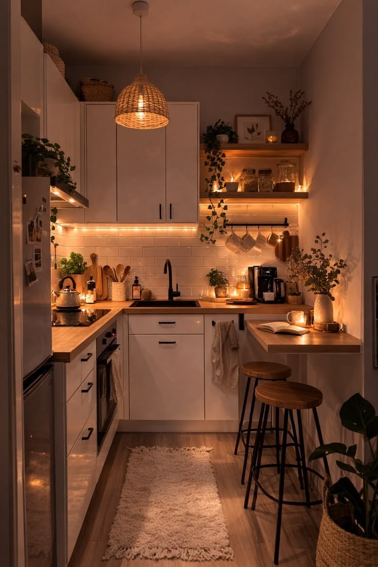 Small kitchen with open shelving above the counter displaying items in glass jars, illuminated by string lights and pendant…