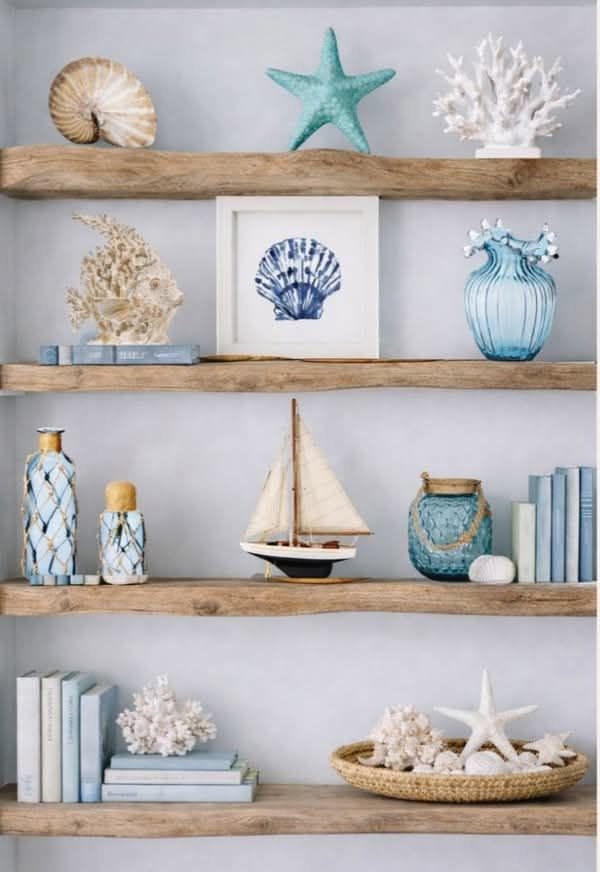 Decorative items arranged on wooden shelves, featuring various seashells, a sailboat, glass bottles, and a starfish.