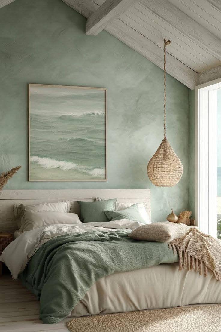 A bedroom with a bed with white and seafoam green bedding, a textured seafoam green wall, and a large ocean painting hanging…