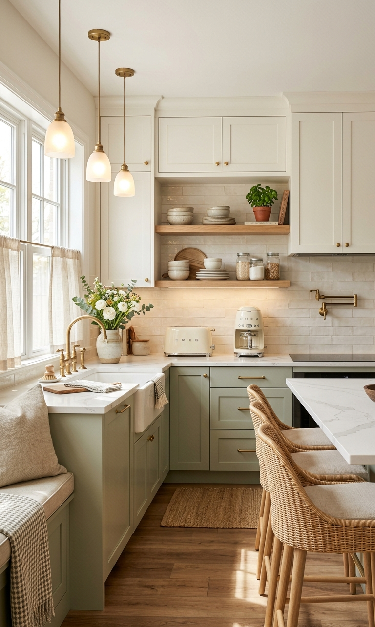 Cottage-style kitchen with light green lower cabinets, white upper cabinets, wood flooring, and a window seat.