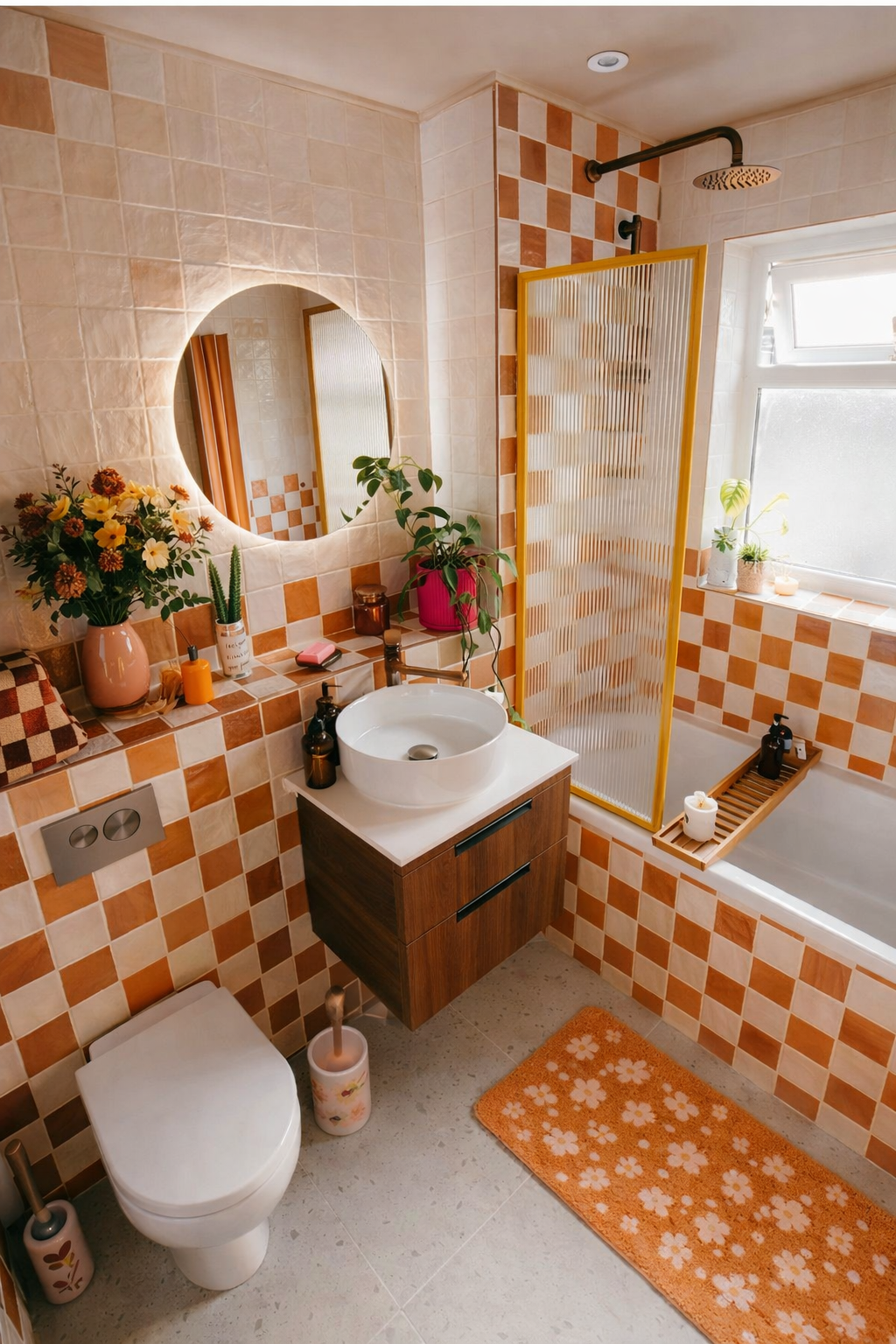 Small bathroom with orange and white checkered wall and bath tiles, round illuminated mirror, and wood vanity with vessel…