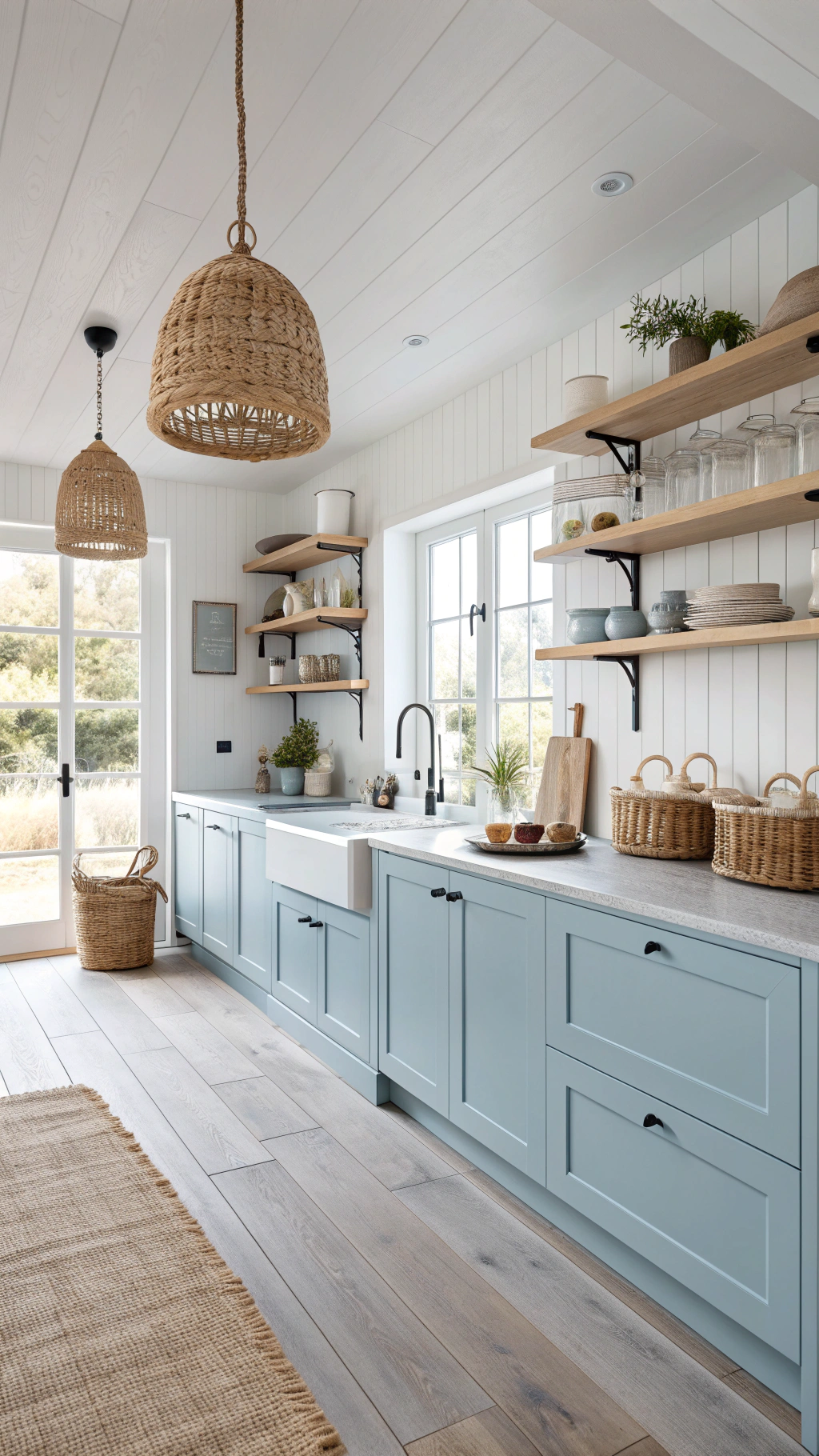 A light blue kitchen featuring a farmhouse sink, open shelving, and woven pendant lamps over a light wood floor with a…
