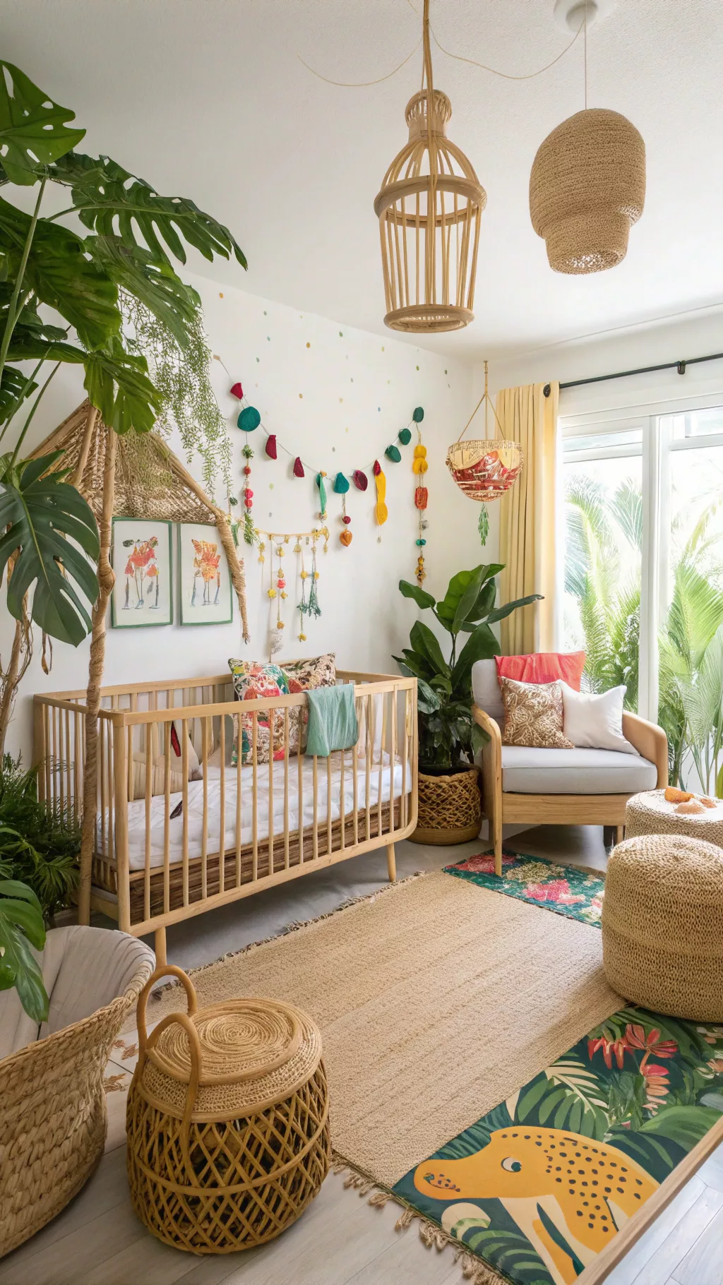 A nursery with a light wood crib, large green plants, and woven light fixtures and storage baskets.