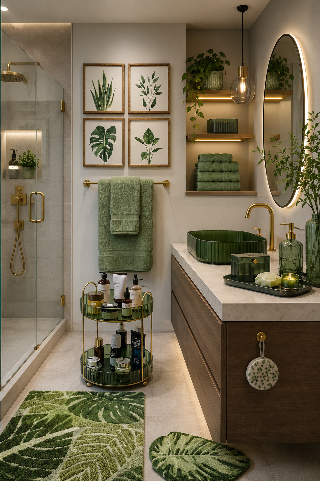 Bathroom with a green vanity basin, green towels, green bath mats, and botanical artwork.